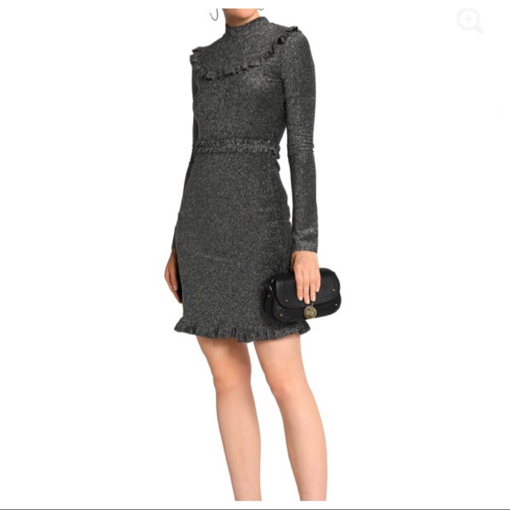 Maje Metallic Charcoal Ruffled Midi Dress